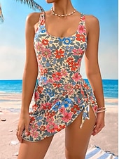 cheap One-piece swimsuits-Women's One Piece Swimsuit Monokini Skirt Tummy Control High Waist Slim Backless Vacation Vintage Floral Graphic U Neck Sleeveless Bathing Suits