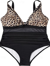 preiswerte Einteiler-Damen Badeanzug Einteiler Bikini Shorts Bademode Netz Rückenfrei Urlaub Strandbekleidung Leopard Blätter V Ausschnitt Ärmellos Badeanzüge