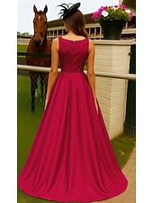 halpa A-linjaiset iltapuvut-A-linja Kokopitkä Derby-mekko Iltapuku Ball Gown Muodollinen mekko Tyylikäs Hihaton Venekaula-aukko Kentucky Derby Tasku Joustava satiini kanssa Rusetti(rusetit)