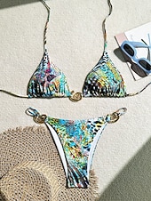 Χαμηλού Κόστους Σετ μπικίνι-Γυναικεία Μαγιό Μπικίνι 2 κομμάτι Σορτσάκια Μαγιό Εξώπλατο Διακοπές Ρούχα παραλίας Γραφική Λαιμός Αμάνικο Μαγιό