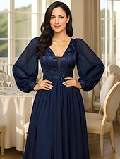 tanie Długość podłogi-Sukienki A-Line na długość podłogi sukienka formalna sukienka wieczorowa sukienka matki panny młodej sukienka z długim rękawem dekolt w serek elegancka vintage z koralikami