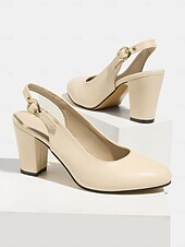 cheap Mother of Bride/Groom-Women's  Classic Beige Elegant Slingback Heels – Comfortable Block Heel, Perfect for Mothers at Garden Weddings