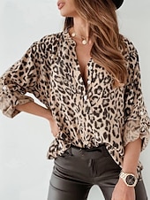 cheap Art&amp;Design Blouses-Women's Blouse Buttons Print Leopard Vintage Casual Long Sleeve Shirt Collar Regular Tops Daily Silver Yellow Apricot Spring Fall