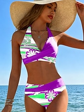 Χαμηλού Κόστους Σετ μπικίνι-Γυναικείο Μπικίνι 2 τεμαχίων Μαγιό Cheeky Καλοκαιρινό Μόδα Φλοράλ Γραφικό V Λακωνικό Αμάνικο Μαγιό