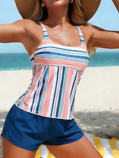 economico Surfing Tankinis &amp; Bikinis-Per donna Costume da bagno Tankini Costume da bagno a due pezzi A righe Controllo della Pancia Elastico Senza Maniche Costume da Bagno Surf Spiaggia Vacanze Estate