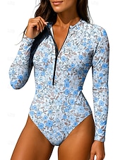 cheap One Pieces Rash Guards-Women's Rash guard Swimsuit Floral Zip Up UPF50+ Quick Dry Lightweight Long Sleeve Bodysuit Swim Shirt Surfing Beach Water Sports Summer