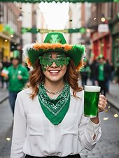  女性用聖パトリックの日のクローバーハット、バンダナ &グラスセット - 緑の羽根、お祝いやパレードのためのお祭りアクセサリー