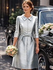 preiswerte Teelänge-Schlauchkleid Knielang Partykleid Cocktailkleid Kleid für Hochzeitsgäste Brautmutterkleid Dreiviertelarm Hemdkragen Elegant Minimalistisch Hochzeitsgast Cocktailparty Formeller Abend Stretch Satin mit