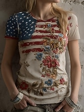 baratos Dia da Independência Top-Dia da Independência T-Shirt Patriotica Feminina Gráfica Bandeira Vintage Estilosa Clássica Manga Curta Decote Redondo Decote em V Tops Regulares Diário Estampada Off-White Verão Primavera Outono