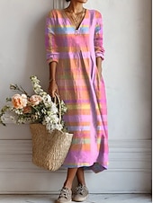 Χαμηλού Κόστους Ριγέ και Γεωμετρικά Φορέματα-Γυναικείο Midi Φόρεμα Λινό Όπως Αναπνεύσιμο Ελαφρύ Καλοκαιρινό Φόρεμα Shift Casual Πάρτι Διακοπές Χαλαρή Εφαρμογή Γεωμετρικό Μακρύ Μανίκι V Λαιμός Κίτρινο Ροζ Ανοιχτό Καφέ Καλοκαίρι Άνοιξη