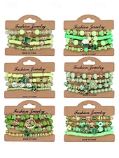 baratos Acessórios-Conjunto de pulseiras femininas para o Dia de São Patrício, pulseiras empilháveis de várias voltas com contas verdes, estilo trevo da sorte, materiais de liga metálica e cristais sintéticos, joias festivas irlandesas para mulheres.