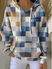 Недорогие Свитшоты с полосками и геометрическим узором-Жен. Толстовка с капюшоном и пуловером Пэчворк Графика Геометрический принт На каждый день Длинный рукав Капюшон Обычные топы Повседневные На каждый день Спорт