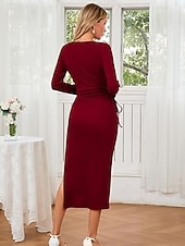 cheap Women-Women's long sleeve square neck waist pleat one side slit ribbed long dress