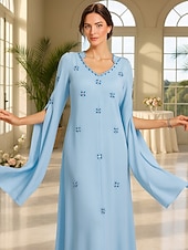 cheap Ankle Length-A-Line Floor Length Formal Dresses Evening Gown Mother of the Bride Dress Long Sleeve Scoop Neck Elegant Vintage Party with Beading