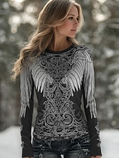 preiswerte Boho-T-Shirt-Damen Boho Viking Flügel T-Shirt Grafik Vintage Bohemia Vintage Mode Langarm Rundhals Reguläre Oberteile Täglicher Wochenenddruck Grau Frühling Herbst Winter