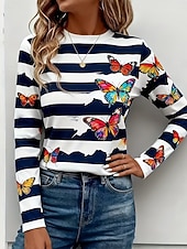 abordables Camiseta a rayas y geométrica-Mujer Camiseta Estampado Graphic Mariposa A Rayas Vintage Elegante Moderno Manga Larga Cuello Barco Tops regulares Diario Fin de semana Azul Piscina Amarillo Rojo Morado Otoño Invierno