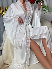 Χαμηλού Κόστους Γυναικεία Πιτζάμες Onesies-Γυναικεία Ρόμπα Καθημερινό Μαλακή Σατέν Μονόχρωμες Δαντέλα Παντελόνι Καθημερινά Σπίτι Κρεβάτι Μακρυμάνικο Λαιμόκοψη V Μαύρο Λευκό Κρασί Ρουμπίνι Καφέ Καλοκαίρι Άνοιξη Κανονικό