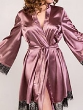 billiga Onesies till damer-Dam Morgonrock Ledigt Mjukt Satin Ren färg Spets Dagligen Hem Säng Långärmad V-hals Silver Svart Vit Rodnande Rosa Vin Sommar Vår Lös passning