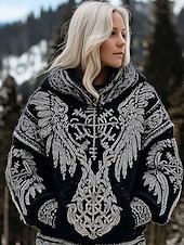 preiswerte Viking-Oberteile-Damen Kapuzenpullover Patchwork Druck Fronttasche Grafik Geometrisch Stammes Vintage Lässig Boho Langarm Mit Kapuze Normale Oberteile Lässig Straße Alltagskleidung Schwarz Frühling Herbst Winter