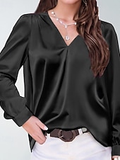 cheap Dressy Blouses-Women's Shirt Elegant Satin Top Blouse Ruched Plain Vintage Stylish Long Sleeve V Neck Regular Tops Holiday Going out Black White Wine Apricot Summer Spring