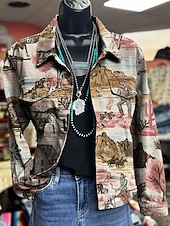 preiswerte Freizeitjacken-Damen Jacke Warm Leicht Knöpfe Druck Aktiv Vintage Künstlerisch Lässig Blumen Lässig Regulär Umlegekragen Normale Passform Langarm Oberbekleidung Blau Grün Beige Frühling Herbst