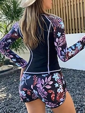 お買い得  タンキニ-ウィメンズ タンキニ 2ピース 水着 パーム ラッシュ ガード ショート タミー コントロール ハイウエスト スリム バックレス バケーション ビーチ ウェア フローラル ラウンド ネック ロングスリーブ 水着