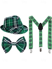 abordables Accesorios-Conjunto de accesorios para disfraz de San Patricio para hombre: sombrero, pajarita y tirantes a cuadros verdes, poliéster con múltiples estampados, ideal para desfiles y fiestas irlandesas.