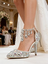 Χαμηλού Κόστους Νύφη-Πολυτελείς γόβες νύφης από κρύσταλλο – λαμπερά νυφικά παπούτσια με στρας και αλυσίδα για λαμπερή αίθουσα χορού και πολυτελή τελετή