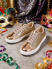 お買い得  女性の靴-ウィメンズ・マルディグラ・ゴールドグリッターのスパークリースニーカー、メタリックトーキャップ付き – カーニバル、ニューイヤーズイブ  カジュアルグラム用のブリングレースアップフラットシューズ