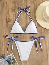 tanie Zestawy bikini-Kobiece bikini dwuczęściowy strój kąpielowy z fiszbiną z wiązaniem z boku smukły bez pleców na wakacje plażowe w jednolitym kolorze z dekoltem halter bezrękawnik