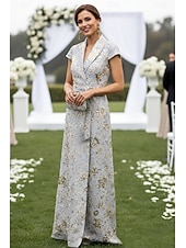  A-linje Gulvlengde Gjestekjole til bryllup Formell kjole Aftenkjole Kjole til brudens mor Kortermet V-hals Knaphul Elegant Årgang Formell Bryllupsgjest Jacquard med Sløyfe(r)