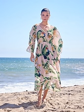 お買い得  バケーションドレス-シフォンボタニカルプリントのゆったりとしたマキシドレス、バケーション