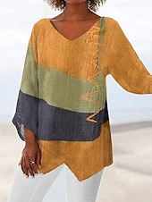 Недорогие Искусство и Дизайн футболка-Жен. Футболка Пэчворк С принтом Контрастных цветов Винтаж Мода На каждый день Длинный рукав V-образный вырез Обычные топы Повседневные На выход выходные Синий Желтый Красный Лето Весна Осень