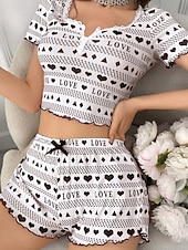 economico Pigiami e Lounge San Valentino-Per donna Set Pigiama Casual Comfort Cuore Elastico in vita Shorts Quotidiano Casa Manica Corta Scollo a V Nero Rosso Estate Primavera Vestibilità aderente