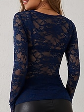 baratos Tops de Renda-Mulheres Blusa Tops de renda Renda Tecido à moda Sensual Manga Longa Decote V Tops regulares Diário Feriado Para Noite Preto Branco Vinho Azul Marinha Verde Esmeralda Outono Inverno