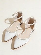 Недорогие подружка невесты-женские белые туфли на плоской подошве с острым носком, украшенные жемчугом, с ремешком на щиколотке — идеально подходят для свадеб и официальных мероприятий