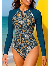 preiswerte One Pieces Rash Guards-Damen Regulär Anti UV Shirt Badeanzug Badeanzug Bademode Blumen Paisley-Muster Tropisch mit integriertem BH UPF50+ UV Schutz Elastisch Langarm Bademode Bodysuit Surfen Strand Wassersport Sommer