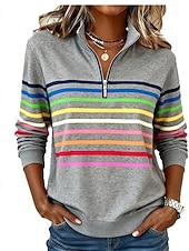abordables Sudaderas a Rayas y Geométricas-Mujer Sudadera Retazos Estampado Cremallera de un cuarto Plano A Rayas Elegante Cálido Clásico Manga Larga Escote en Pico Tops regulares Casual Hogar Trabajo Verde Trébol Azul Oscuro Gris Otoño