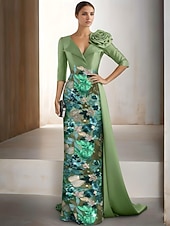  Coloană Teacă Lungime Podea Brodat cu mărgele Rochie formala Rochia Mamei Miresei Rochii de seara Rochie de bal cu fustă lungă Rochie formală Elegant Sclipici Floral Lungime Manșon 3/4 Rever Nunt