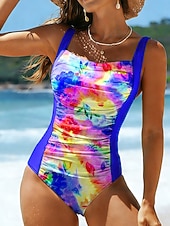 رخيصةأون مايوه قطعة واحدة-بدلة سباحة نسائية قطعة واحدة لتكون نحيفة بتصميم مجعد عالية القطع لتحكم في البطن خصر مرتفع بدون ظهر لعطلة ملابس شاطئية برسومات أومبري على شكل حرف U بدون أكمام