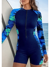 billiga One Pieces Rash Guards-Dam Normal Rash-guards Baddräkt Sportbadkläder Blommig Tropisk Dragkedja Avtagbar dyna Dragkedja fram UV Solskydd UPF50+ Ultralätt (UL) Långärmad Badkläder Hudsjukdomsvakt Surfing Strand Vattensport