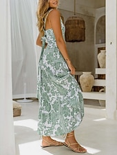 tanie Sukienki kwiatowe-Damskie Sukienka maxi Sukienka A line Sukienka na ramiączkach Urlop Codzienny Na zewnątrz Wyjściowe Luźna Kwiaty Graficzny Bez rękawów Cienkie ramiączka Niebieski Błękit nieba Pomarańczowy Zielony