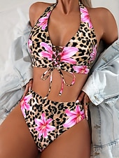 economico Bikini-Costume da bagno a due pezzi da donna bikini leopardato culotte sgambate controllo pancia vita alta slim schiena scoperta vacanza mare con grafica scollatura a V senza maniche
