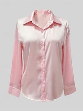 preiswerte Schicke Blusen-Damen Hemd Elegant Satin-Top Sommeroberteile Gerafft Patchwork Knöpfe Einfach Elegant Vintage Niedlich Langarm Hemdkragen Normale Oberteile Täglich Arbeit Ferien Rosa Sommer Frühling