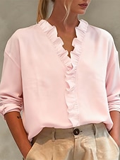 preiswerte Schicke Blusen-Damen Bluse Elegante Oberteile Gerafft Rüsche Patchwork Einfarbig Einfach Elegant Vintage Täglich Langarm V Ausschnitt Normale Oberteile Täglich Arbeit Ferien Blau Blaugrün Weiß Rosa Grün Sommer