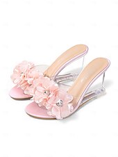 cheap Bridesmaid-Women's Floral Clear Heel Slide Sandals, Transparent Low Heel Mules for Bridesmaids, Elegant Garden Wedding &amp; Outdoor Ceremony Shoes
