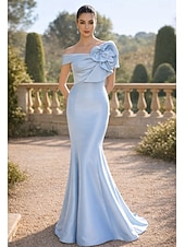 preiswerte Meerjungfrau Abendkleider-Meerjungfrauenschnitt Bodenlang Abendkleid Ballkleid Festliche Kleidung Elegant seidig Kurzarm Schulterfrei Hochzeit Formell Tasche Satin mit Gestickte Blume
