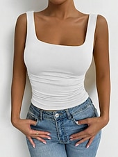 baratos Plain Tank-Women's Camisole Tank Top Solid Color Stylish Casual Sleeveless Square Neck Regular Tops Daily White Yellow Wine Red Royal Blue Summer