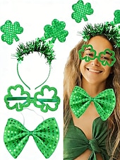  女性用聖パトリックデー 3点セット シャムロックコスチュームアクセサリー、グリッターグラス、ヘッドバンド &蝶ネクタイパーティーウェア