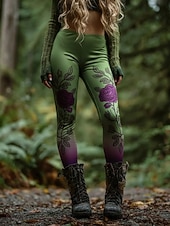 ieftine -Pentru femei Jambiere Colanți confortabili Vacanță Epocă Stilul etnic Lungime totală Talie Înaltă Floral Grafic Imprimare Comfortabil Strech Casual Zilnic În aer liber Mov Închis Mov Verde Primăvar